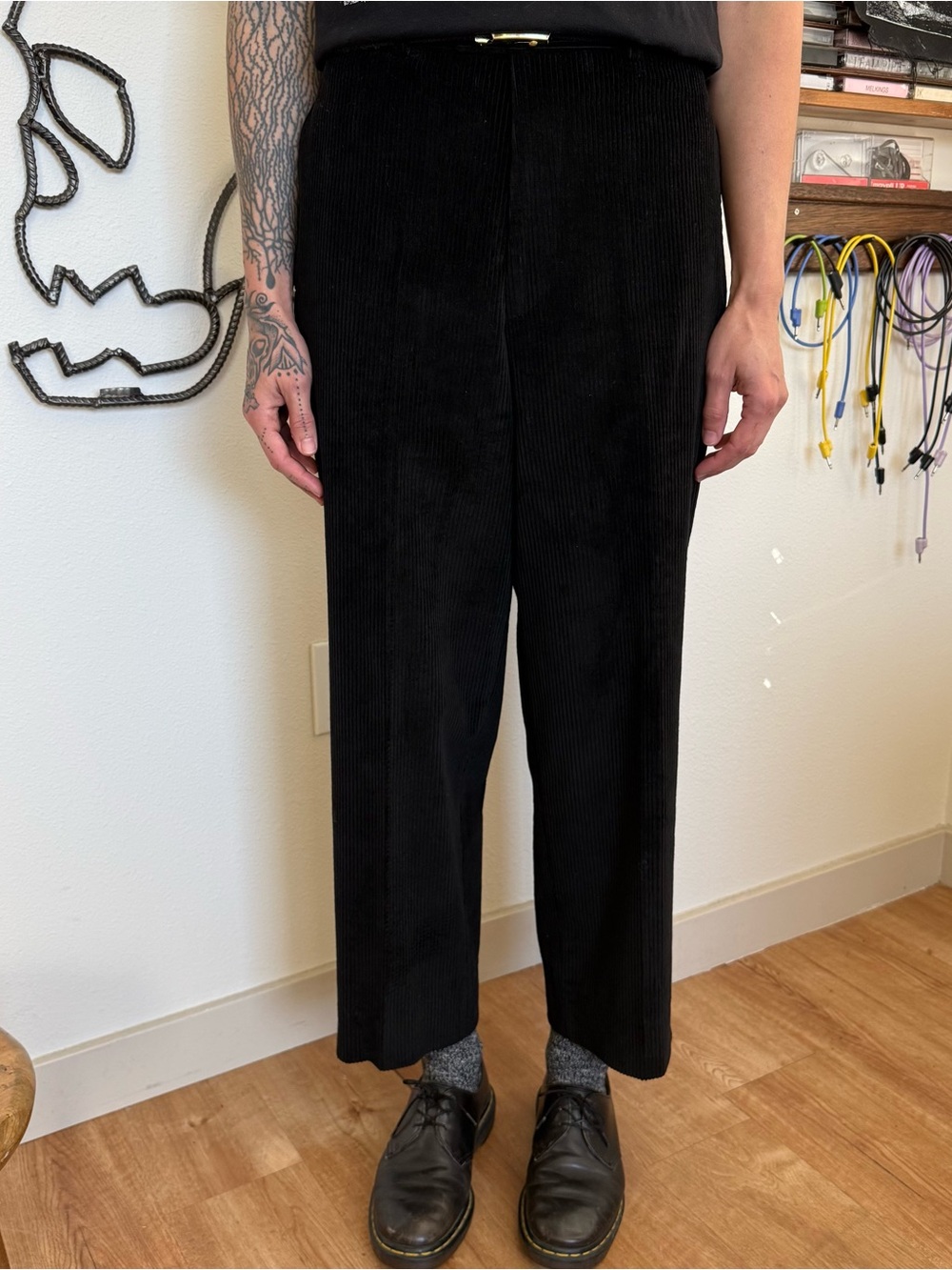 Vintage 90s Black Chunky Corduroy High Waisted Wide Leg Slacks ~ Size 34 X 27